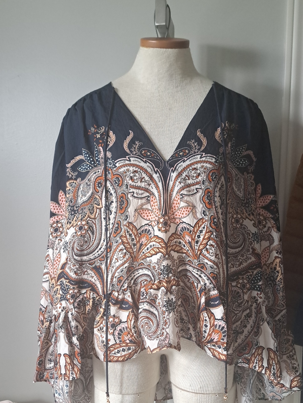 H&M The Oversized Blouse Paisley blue brown ruffle Bohemian lightweight shirt LG